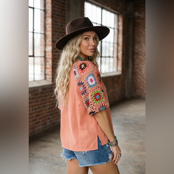 NWT UMGEE Boho Festival Hippie Granny Crochet Tile Linen Cotton Blend Top Shirt - Picture 3 of 8